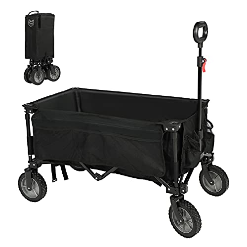 Timber Ridge Collapsible Folding Festival Wagon, Pull Along Trolley On Wheels With Adjustable Handle Cover Bag Drink Holders, Camping Outdoor Garden Picnic Shopping Beach, 80KG Weight Capacity, Black