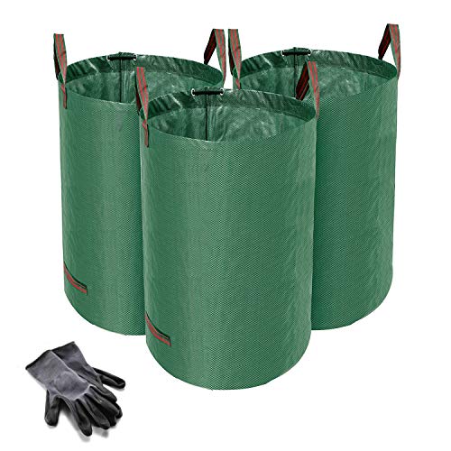 Norjews Heavy Duty Garden Waste Bags – 120 Litre – 3 Sacks – BONUS 1 Pair Gardening Gloves – Industrial Fabric And Handles – Green/Garden Waste Sacks, Reusable