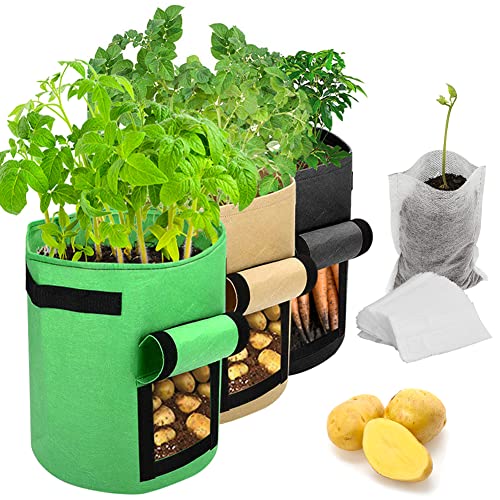 Potato Grow Bags,3 Pack 7 Gallon Plant Growing Bags/Aeration Non-woven Fabric Pots Plant Bags W/Handles Garden Vegetable Growing Bags With 50 Pcs Biodegradable Plant Seedling Bags