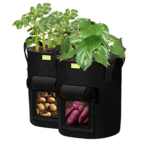 SIMBOOM Potato Grow Bags 2-Pack 7 Gallon, Breathable Fabric Plant Vegetable Growing Bag Garden Planter Pots Container With Strap Handles , Black